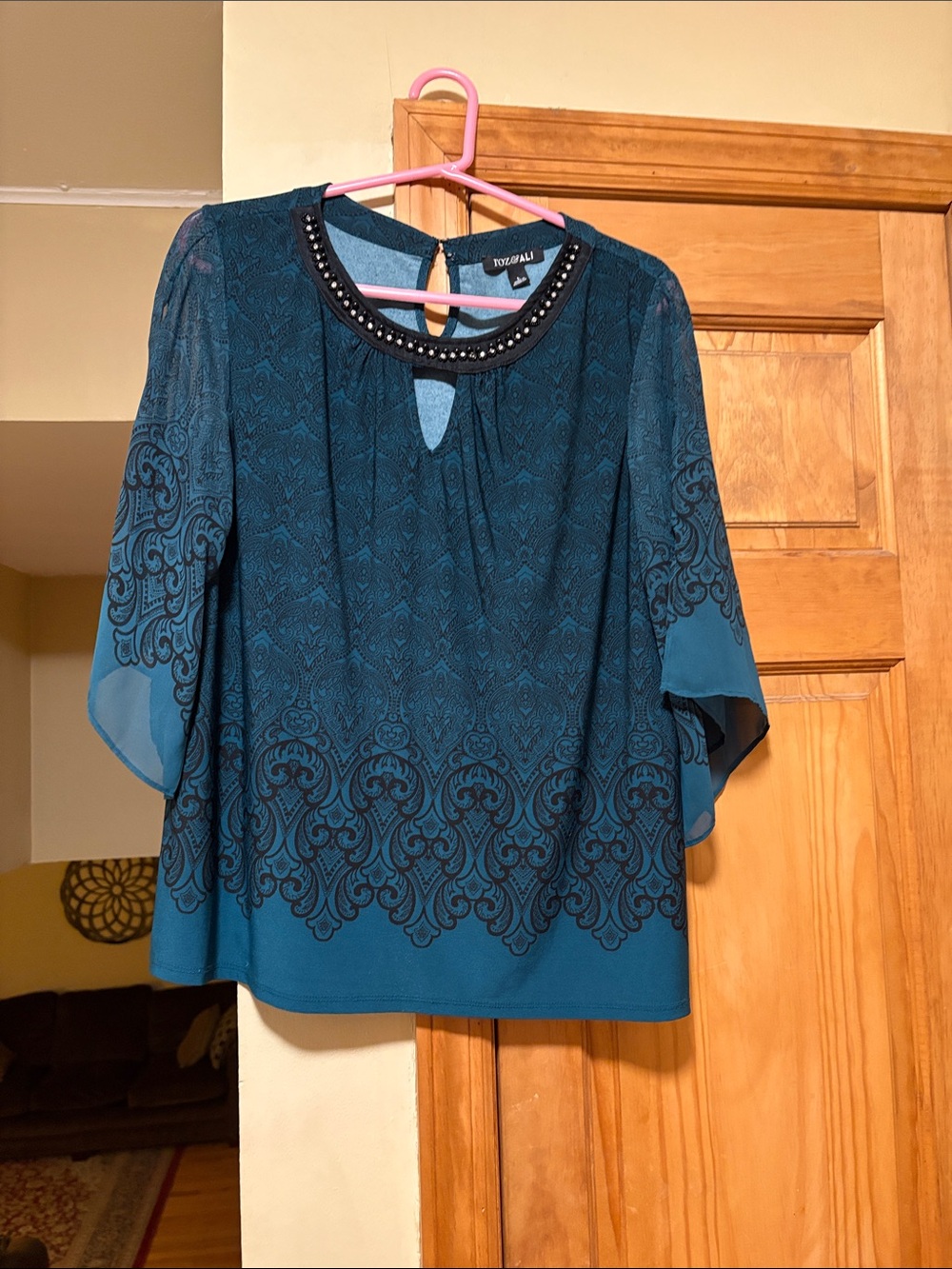 Roz & Ali Teal Beaded-Neck Printed Blouse